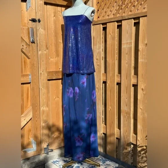 RAT & BOA  NWOT Violetta Blue Sequin & Floral Printed Maxi Dress, Sz  XXS